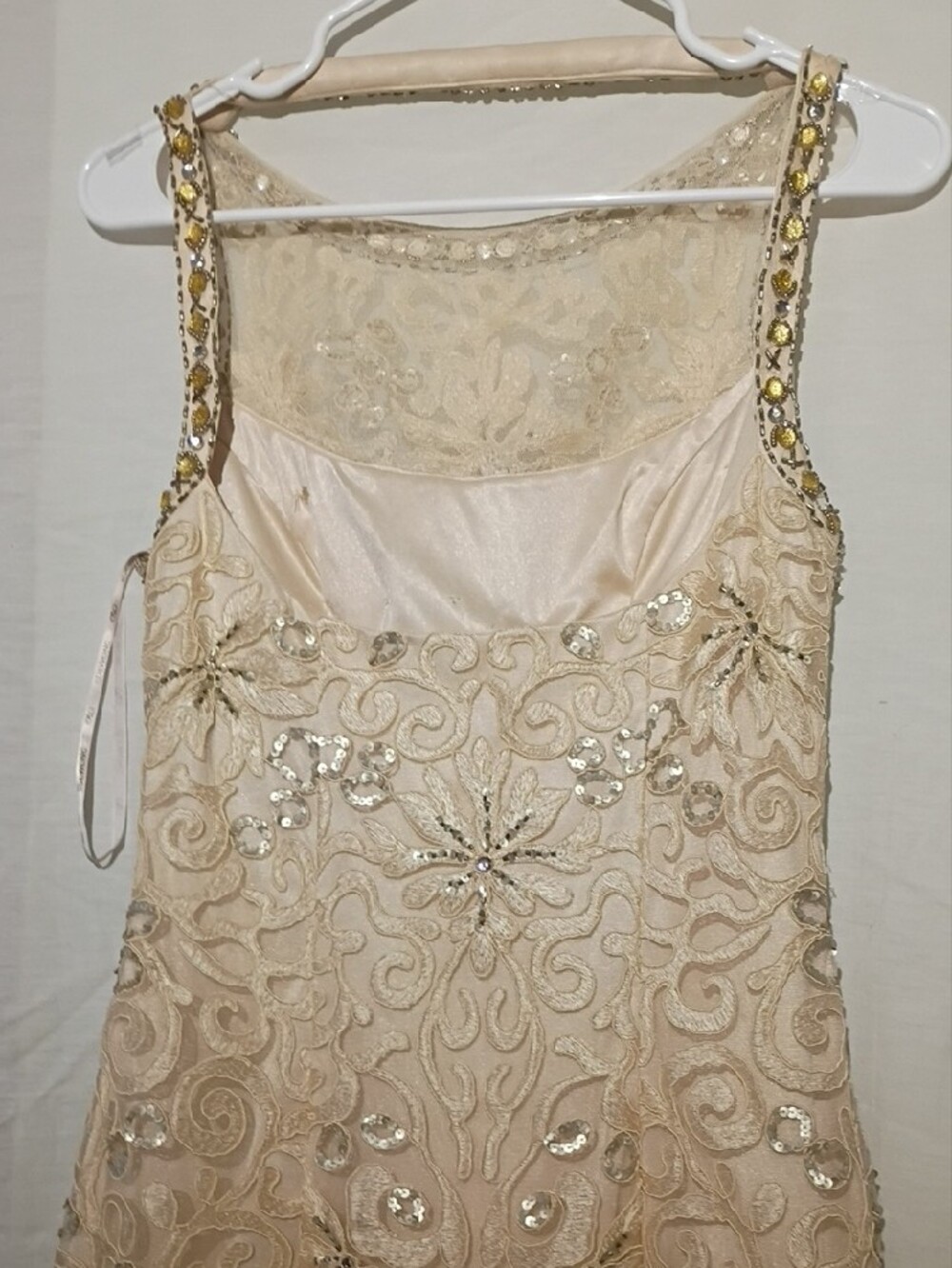 Sue Wong Ivory Lace Beaded Illusion Neck Midi Dress, Silver Sequins, Open Back - Picture 9 of 16